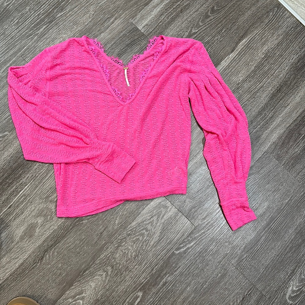 FREE PEOPLE Hot Pink Lace Trimmed Sweater ✨